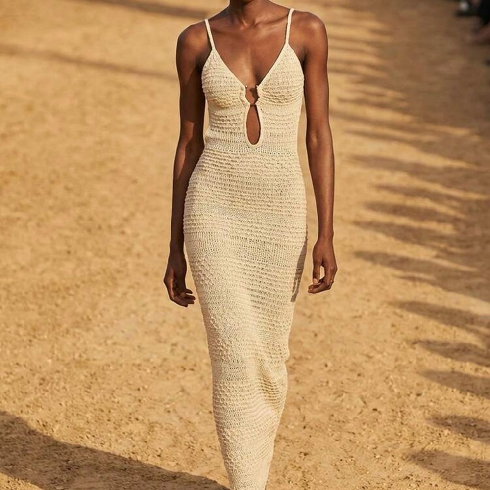 SHEIN Cream Crochet Keyhole Maxi Dress